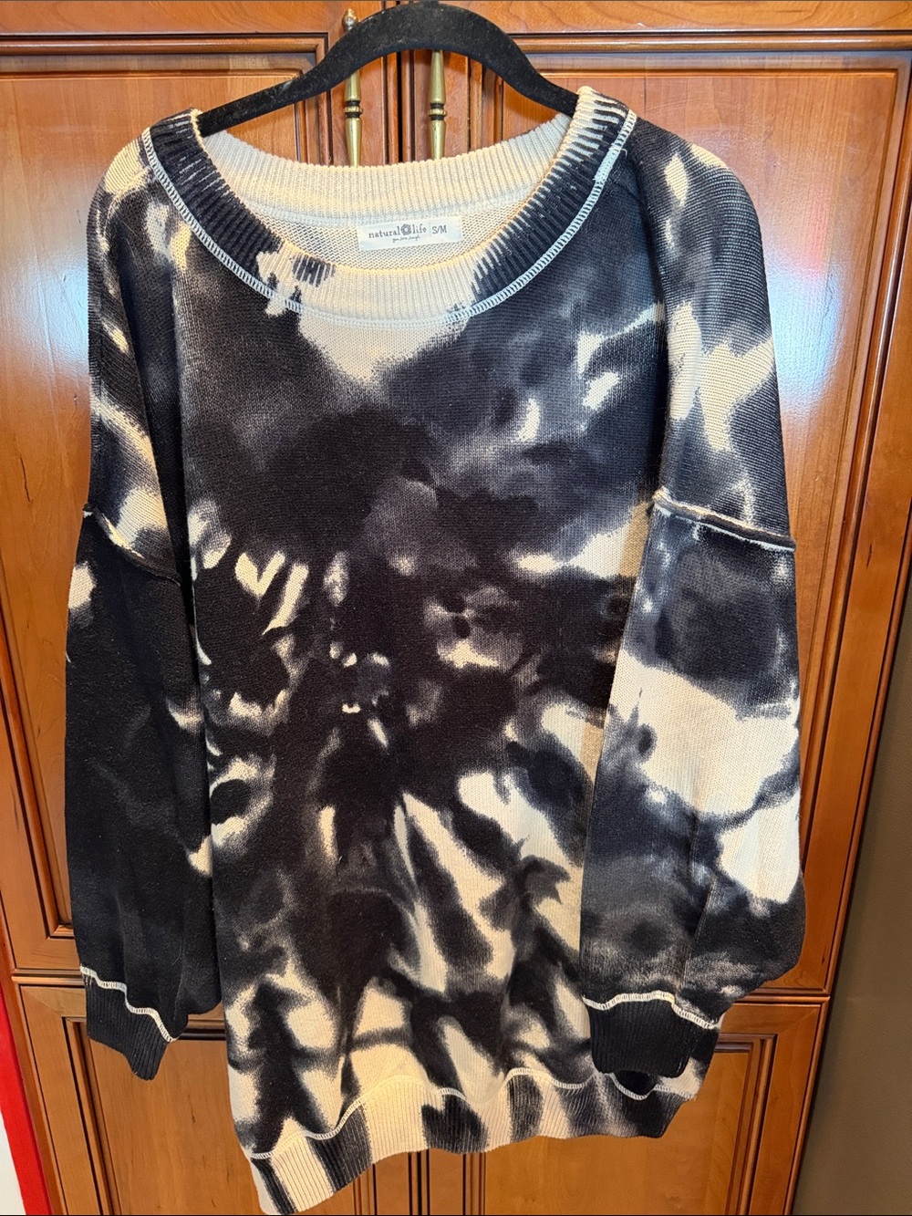 NATURAL LIFE Black & Cream Tie-Dye oversized cotton Crewneck Sweater